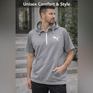 Puma Gray Short Sleeve Hoodie Size L Unisex Lightweight Athletic Casual Half Zip